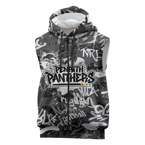 Penrith Panthers Rugby Sleeveless Zip Hoodie Graffiti Typography Urban Camo Abstract Street Style