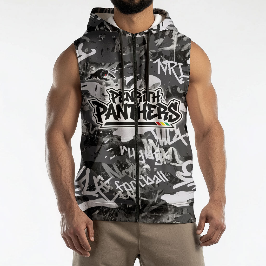 Penrith Panthers Rugby Sleeveless Zip Hoodie Graffiti Typography Urban Camo Abstract Street Style