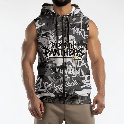 Penrith Panthers Rugby Sleeveless Zip Hoodie Graffiti Typography Urban Camo Abstract Street Style