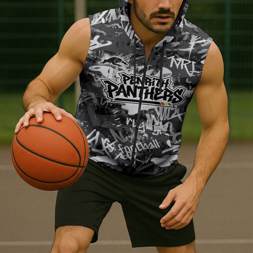 Penrith Panthers Rugby Sleeveless Zip Hoodie Graffiti Typography Urban Camo Abstract Street Style