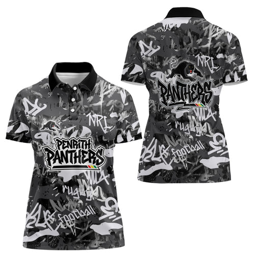 Penrith Panthers Rugby Women Polo Shirt Graffiti Typography Urban Camo Abstract Street Style