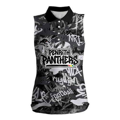Penrith Panthers Rugby Women Sleeveless Polo Shirt Graffiti Typography Urban Camo Abstract Street Style
