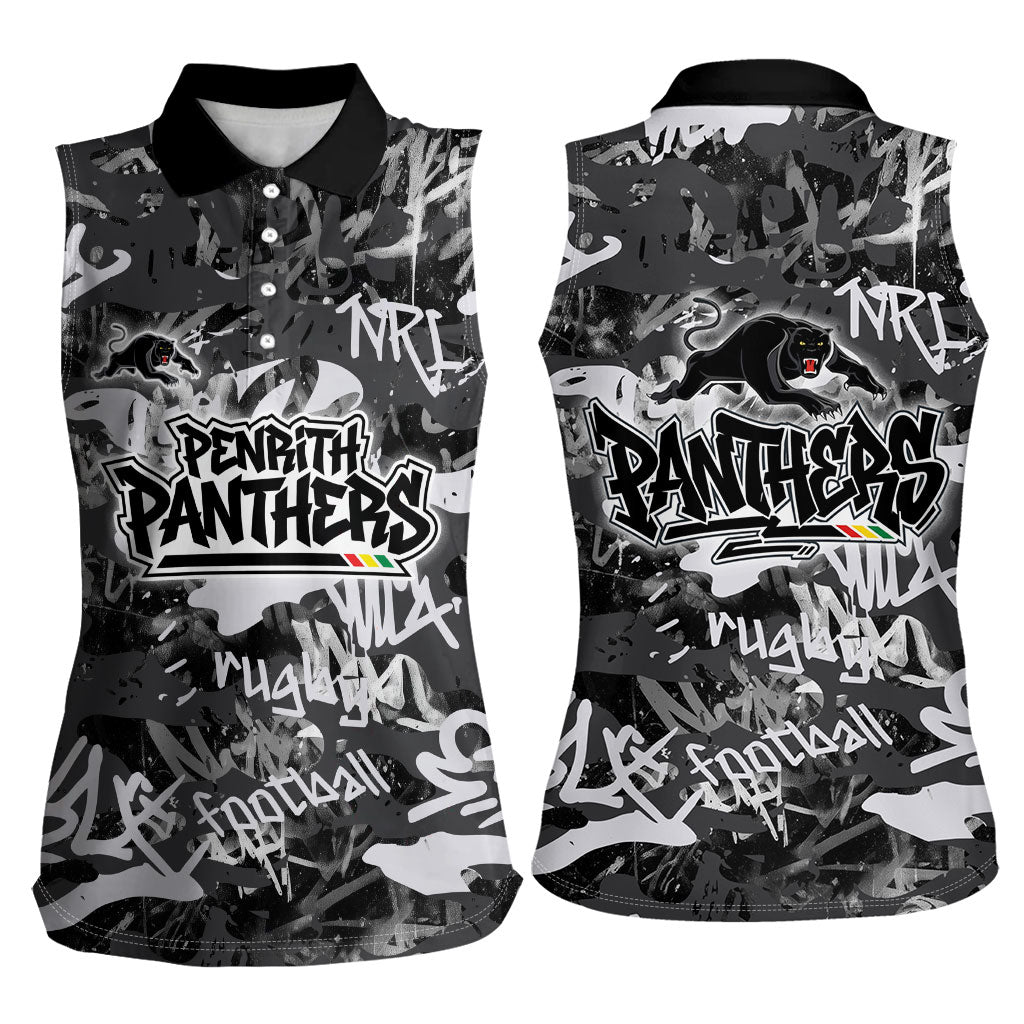 Penrith Panthers Rugby Women Sleeveless Polo Shirt Graffiti Typography Urban Camo Abstract Street Style