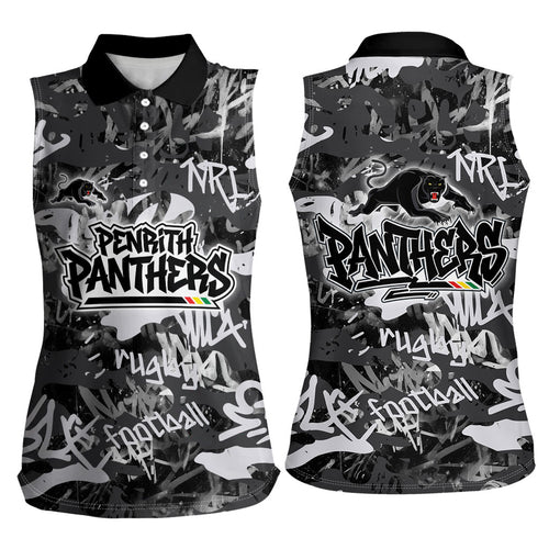 Penrith Panthers Rugby Women Sleeveless Polo Shirt Graffiti Typography Urban Camo Abstract Street Style