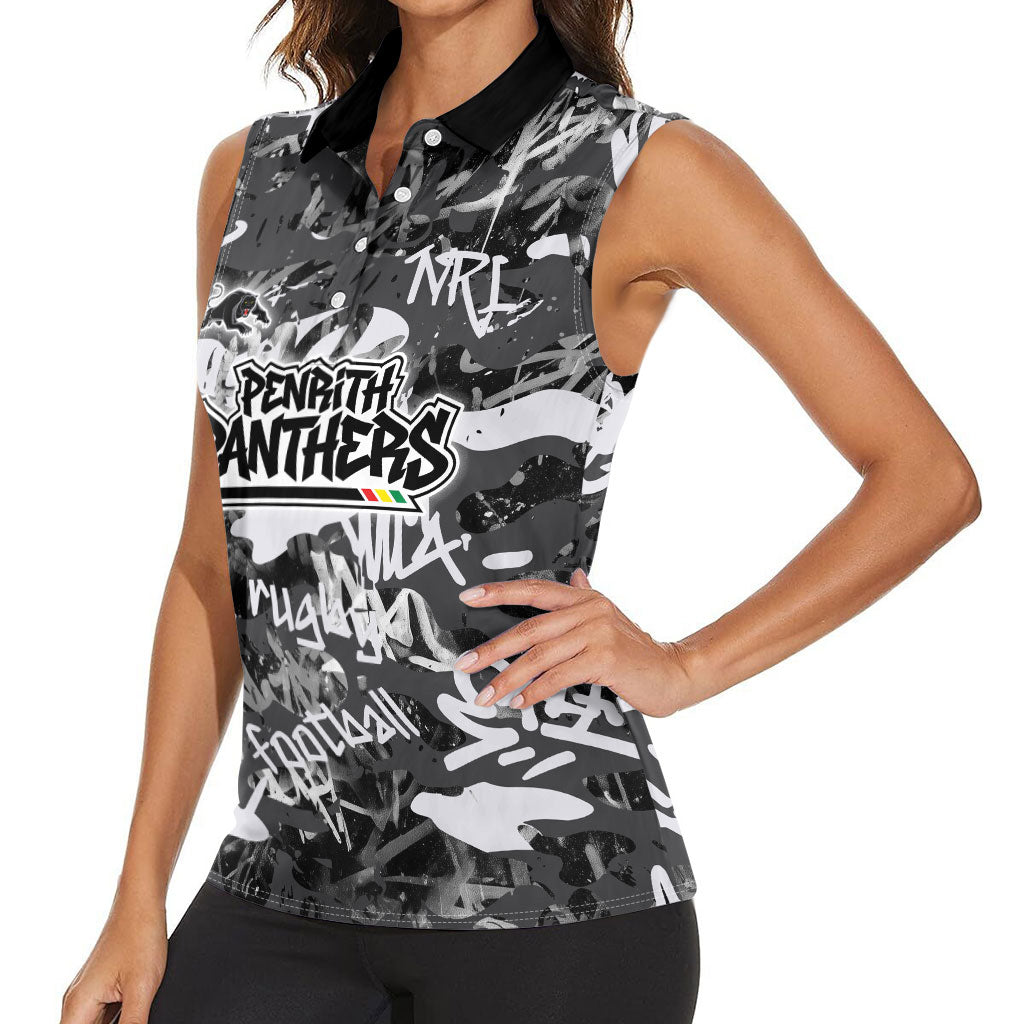 Penrith Panthers Rugby Women Sleeveless Polo Shirt Graffiti Typography Urban Camo Abstract Street Style
