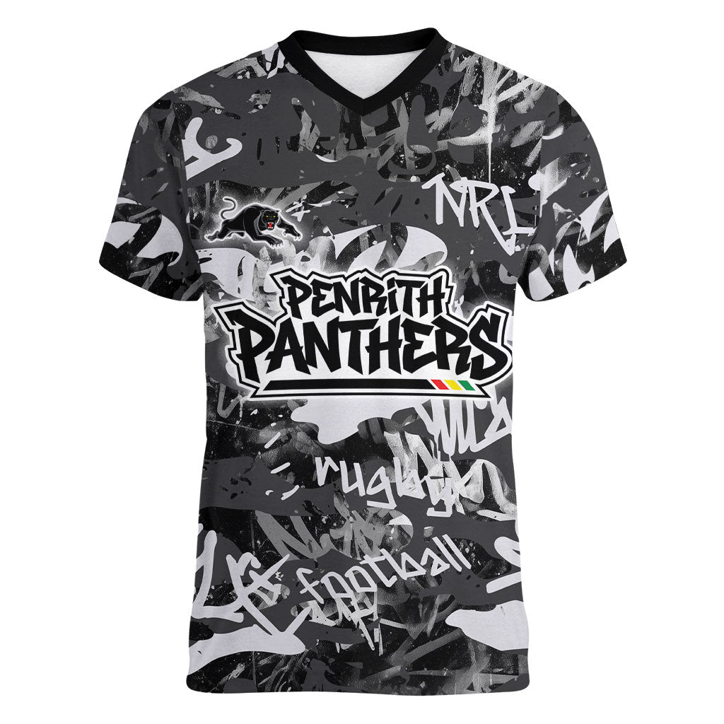 Penrith Panthers Rugby Women V-Neck T-Shirt Graffiti Typography Urban Camo Abstract Street Style