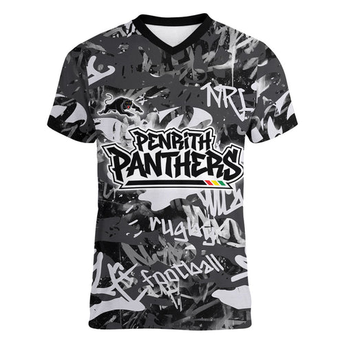 Penrith Panthers Rugby Women V-Neck T-Shirt Graffiti Typography Urban Camo Abstract Street Style
