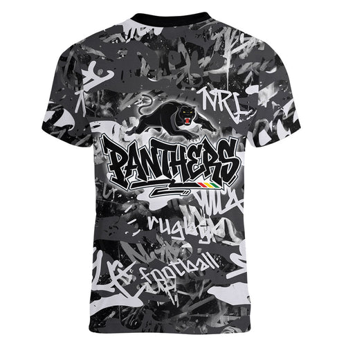 Penrith Panthers Rugby Women V-Neck T-Shirt Graffiti Typography Urban Camo Abstract Street Style