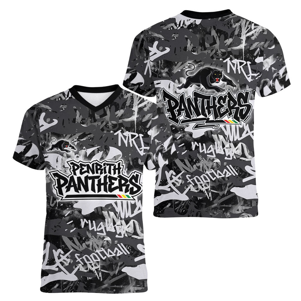 Penrith Panthers Rugby Women V-Neck T-Shirt Graffiti Typography Urban Camo Abstract Street Style