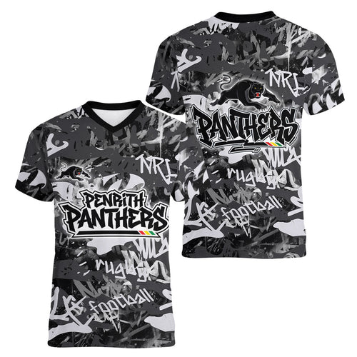 Penrith Panthers Rugby Women V-Neck T-Shirt Graffiti Typography Urban Camo Abstract Street Style