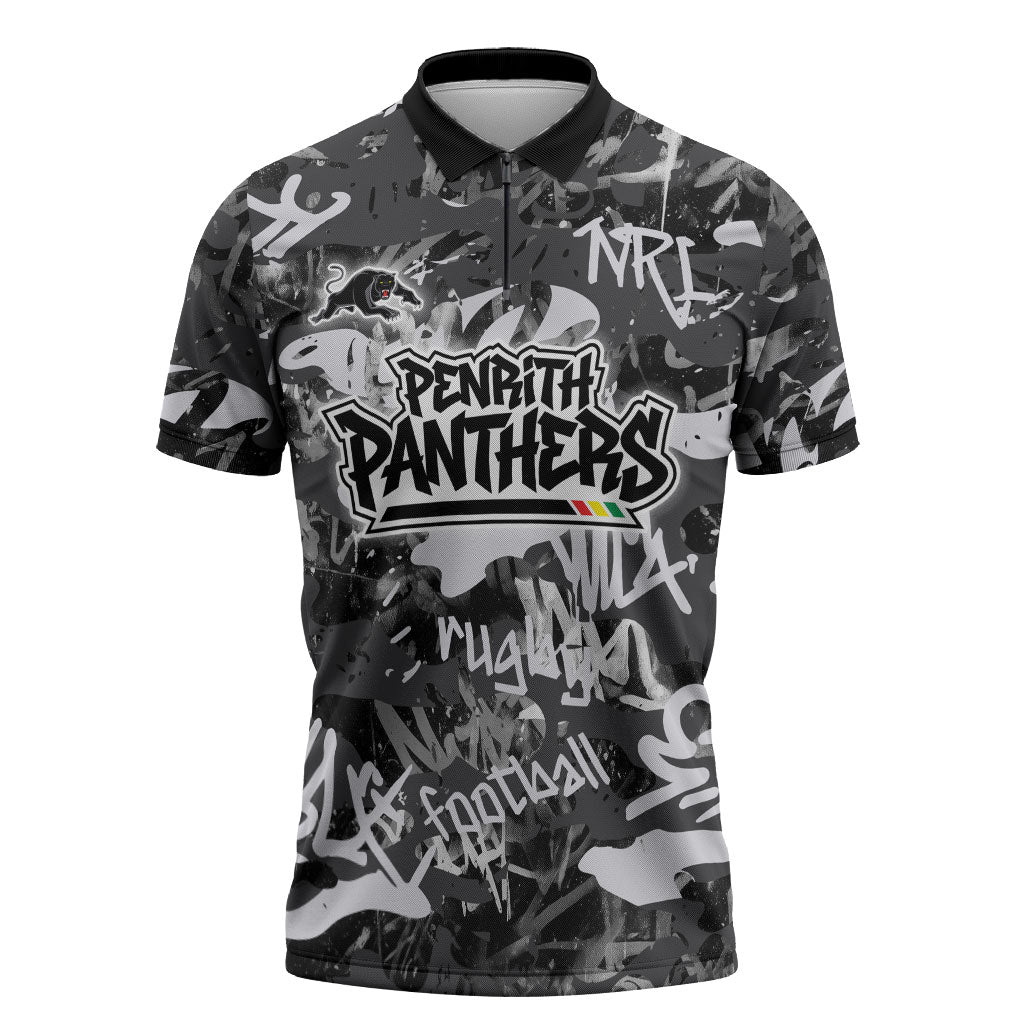 Penrith Panthers Rugby Zipper Polo Shirt Graffiti Typography Urban Camo Abstract Street Style