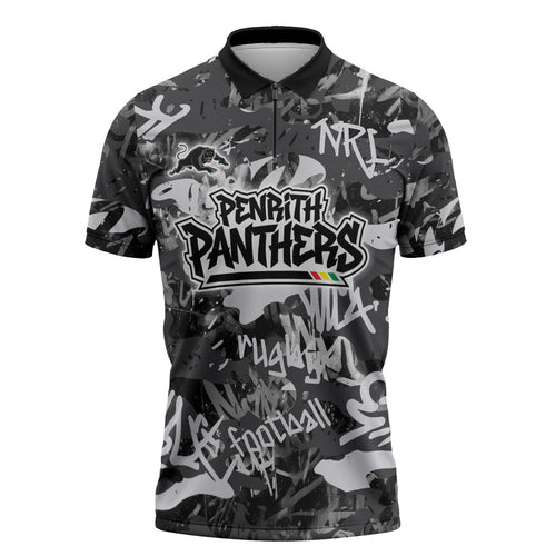 Penrith Panthers Rugby Zipper Polo Shirt Graffiti Typography Urban Camo Abstract Street Style