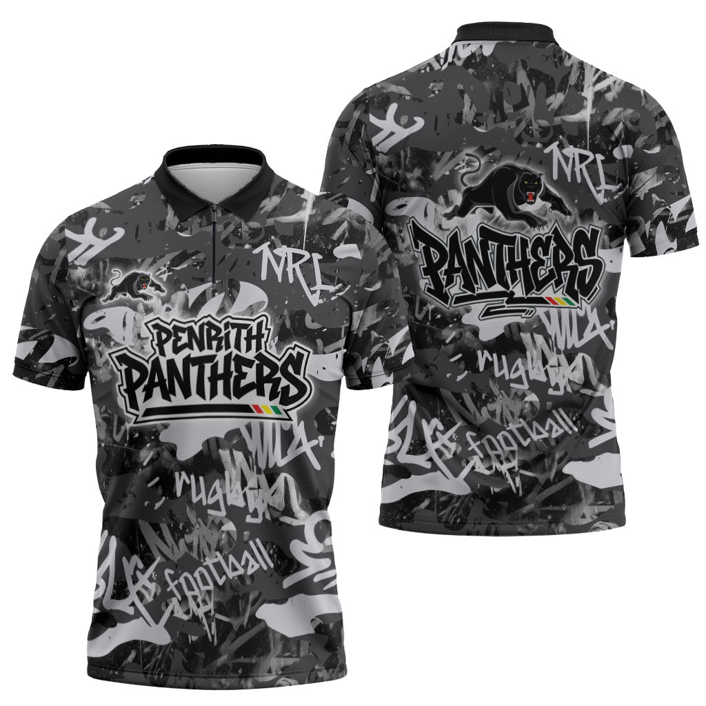 Penrith Panthers Rugby Zipper Polo Shirt Graffiti Typography Urban Camo Abstract Street Style