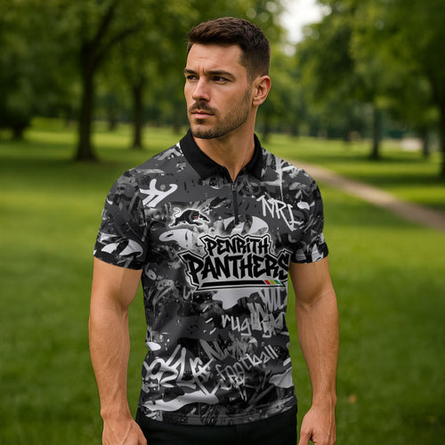Penrith Panthers Rugby Zipper Polo Shirt Graffiti Typography Urban Camo Abstract Street Style