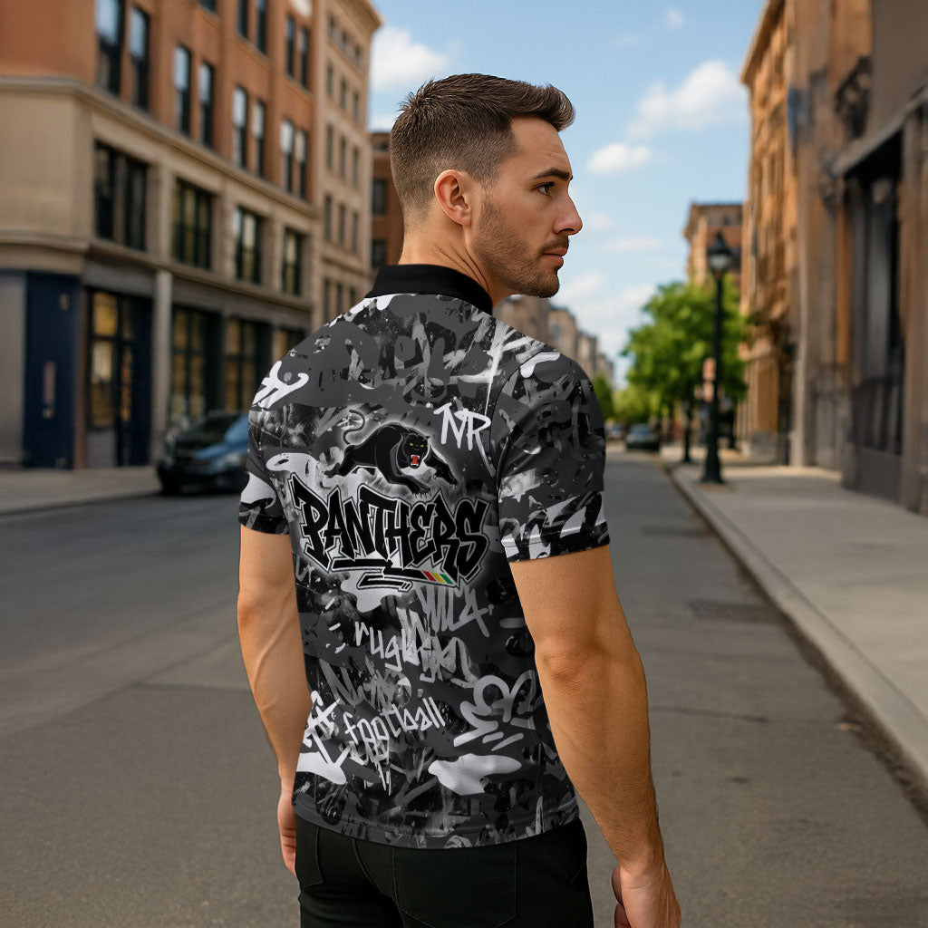 Penrith Panthers Rugby Zipper Polo Shirt Graffiti Typography Urban Camo Abstract Street Style
