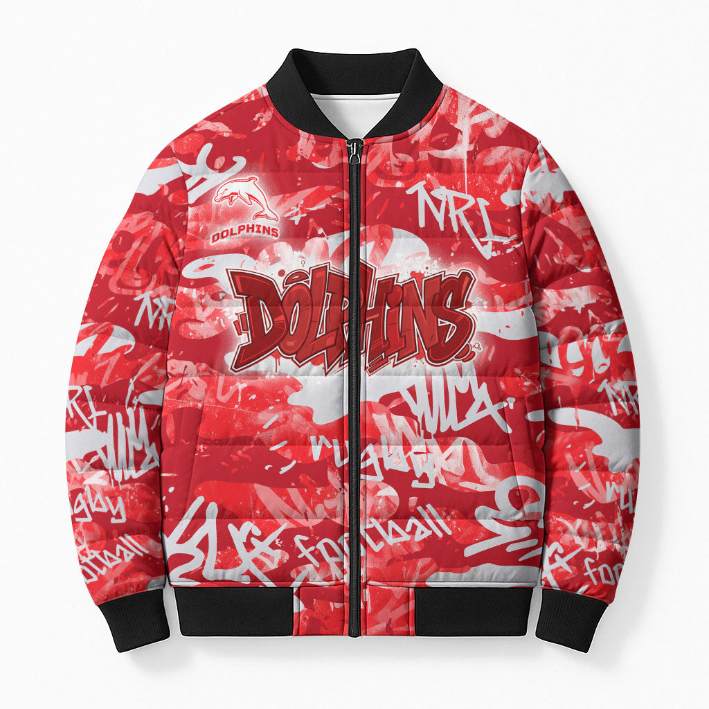 Dolphins Rugby Bomber Puffer Jacket Graffiti Typography Urban Camo Abstract Street Style