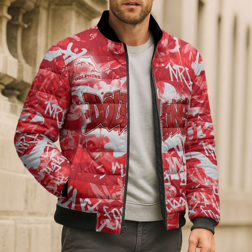 Dolphins Rugby Bomber Puffer Jacket Graffiti Typography Urban Camo Abstract Street Style