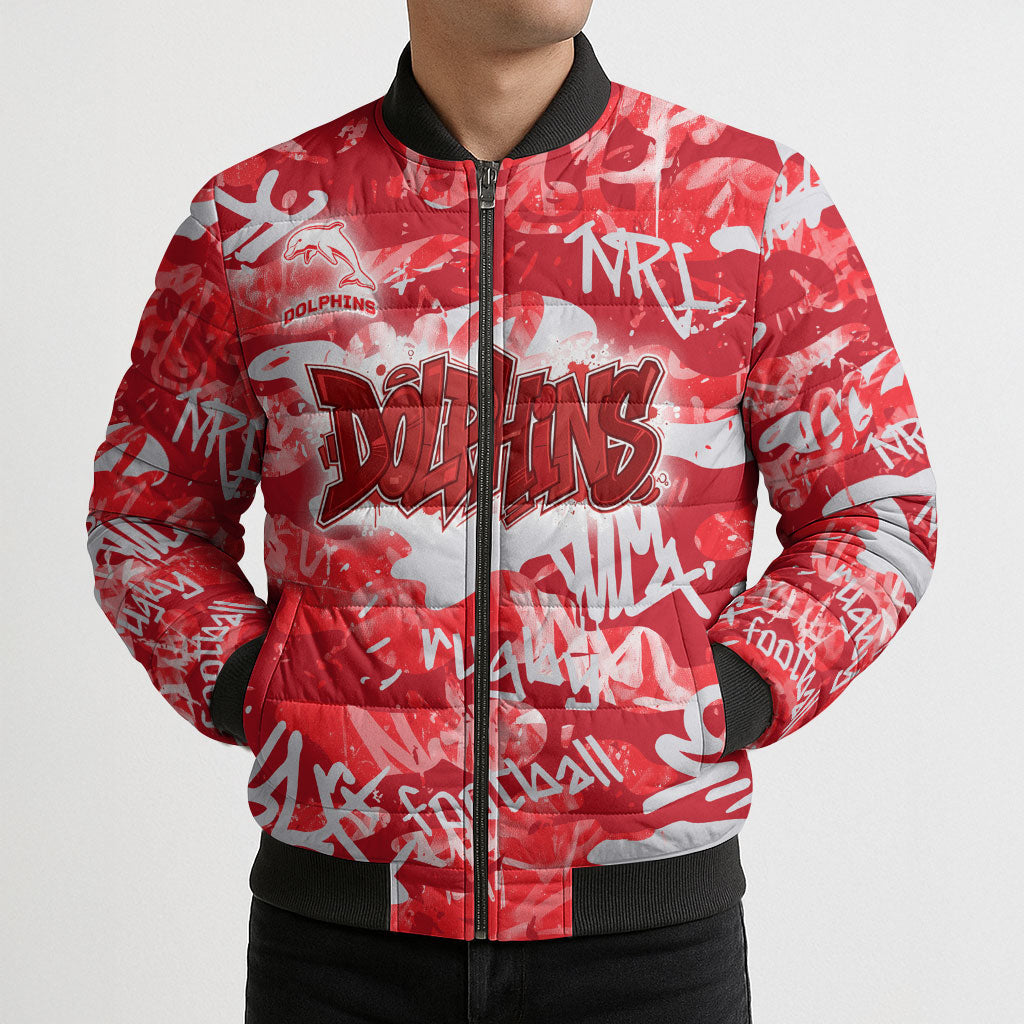 Dolphins Rugby Bomber Puffer Jacket Graffiti Typography Urban Camo Abstract Street Style