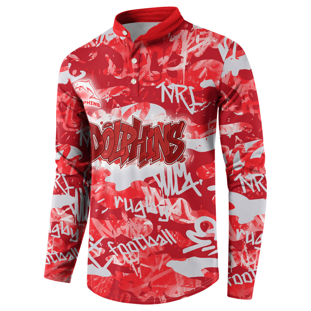 Dolphins Rugby Button Sweatshirt Graffiti Typography Urban Camo Abstract Street Style
