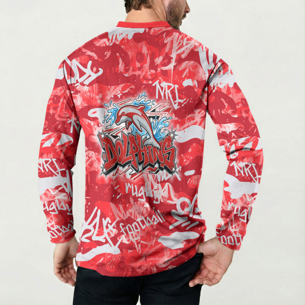 Dolphins Rugby Button Sweatshirt Graffiti Typography Urban Camo Abstract Street Style