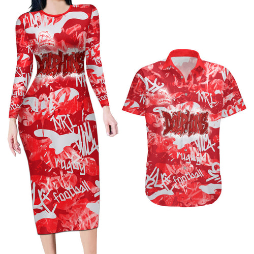 Dolphins Rugby Couples Matching Long Sleeve Bodycon Dress and Hawaiian Shirt Graffiti Typography Urban Camo Abstract Street Style