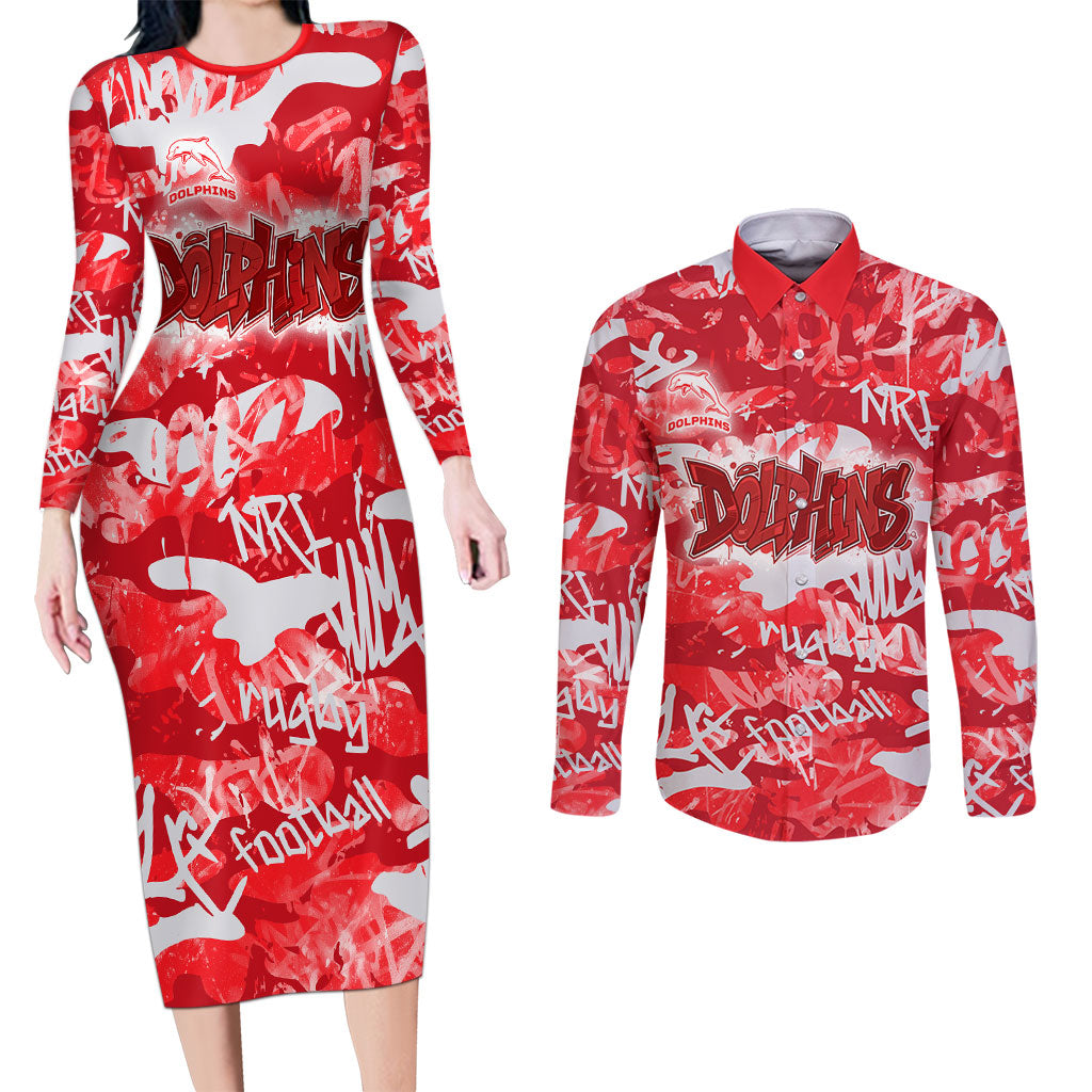Dolphins Rugby Couples Matching Long Sleeve Bodycon Dress and Long Sleeve Button Shirt Graffiti Typography Urban Camo Abstract Street Style