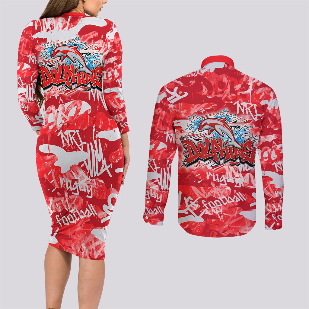 Dolphins Rugby Couples Matching Long Sleeve Bodycon Dress and Long Sleeve Button Shirt Graffiti Typography Urban Camo Abstract Street Style