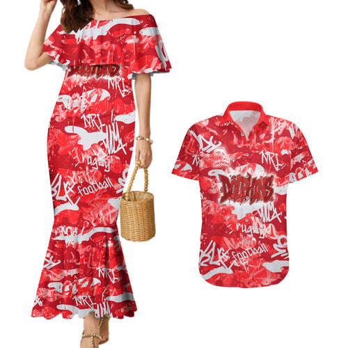 Dolphins Rugby Couples Matching Mermaid Dress and Hawaiian Shirt Graffiti Typography Urban Camo Abstract Street Style