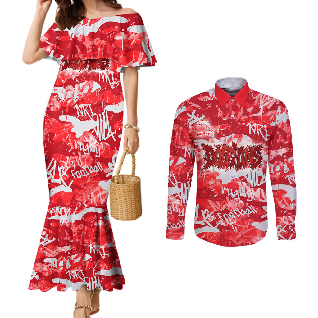 Dolphins Rugby Couples Matching Mermaid Dress and Long Sleeve Button Shirt Graffiti Typography Urban Camo Abstract Street Style