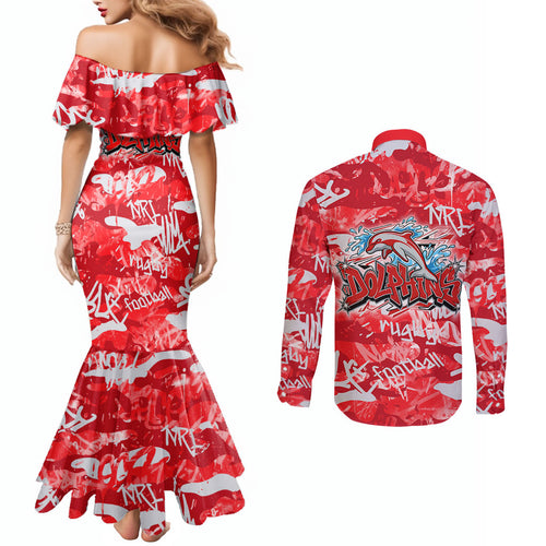 Dolphins Rugby Couples Matching Mermaid Dress and Long Sleeve Button Shirt Graffiti Typography Urban Camo Abstract Street Style