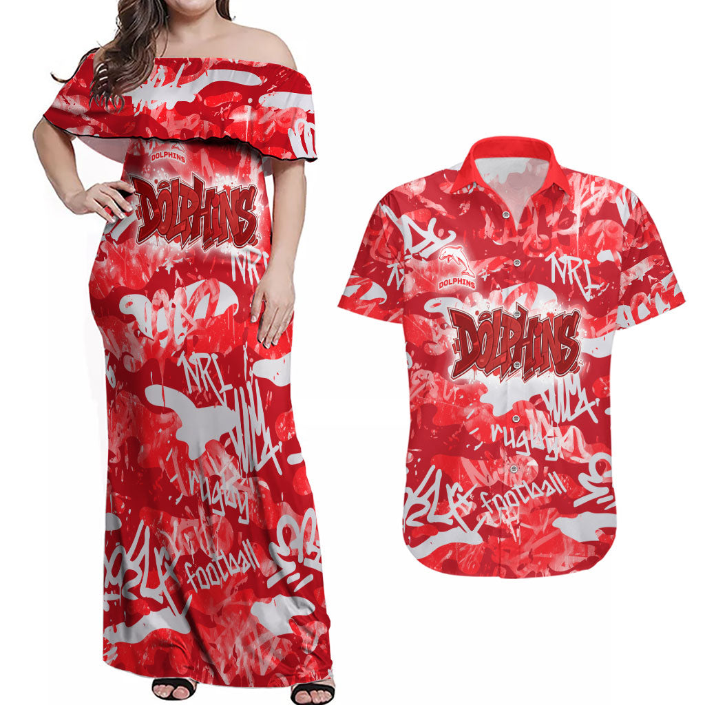 Dolphins Rugby Couples Matching Off Shoulder Maxi Dress and Hawaiian Shirt Graffiti Typography Urban Camo Abstract Street Style