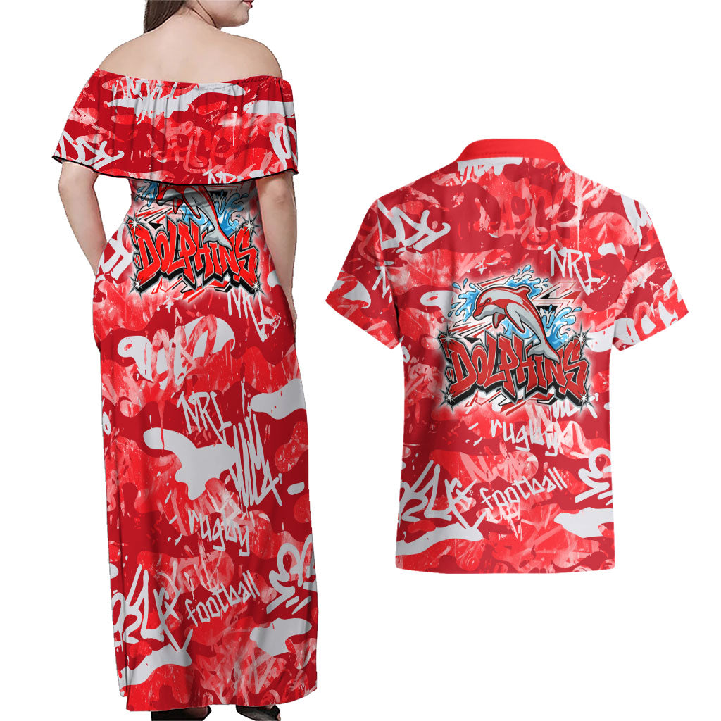 Dolphins Rugby Couples Matching Off Shoulder Maxi Dress and Hawaiian Shirt Graffiti Typography Urban Camo Abstract Street Style