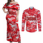 Dolphins Rugby Couples Matching Off Shoulder Maxi Dress and Long Sleeve Button Shirt Graffiti Typography Urban Camo Abstract Street Style