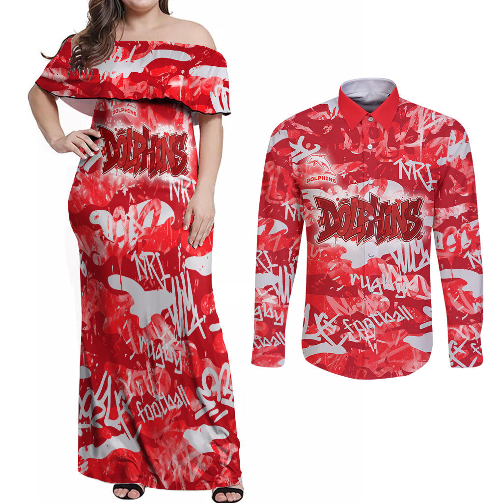 Dolphins Rugby Couples Matching Off Shoulder Maxi Dress and Long Sleeve Button Shirt Graffiti Typography Urban Camo Abstract Street Style