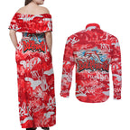 Dolphins Rugby Couples Matching Off Shoulder Maxi Dress and Long Sleeve Button Shirt Graffiti Typography Urban Camo Abstract Street Style
