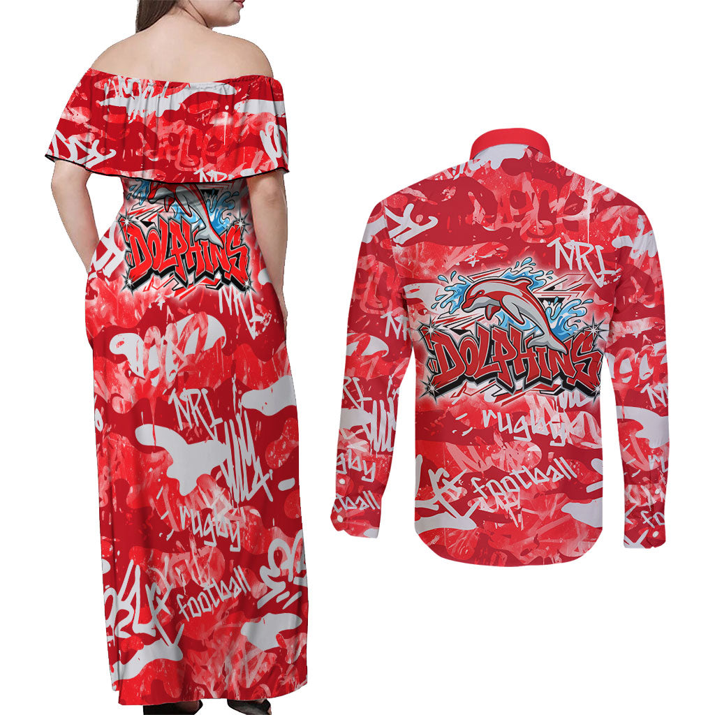 Dolphins Rugby Couples Matching Off Shoulder Maxi Dress and Long Sleeve Button Shirt Graffiti Typography Urban Camo Abstract Street Style