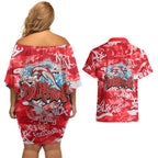 Dolphins Rugby Couples Matching Off Shoulder Short Dress and Hawaiian Shirt Graffiti Typography Urban Camo Abstract Street Style