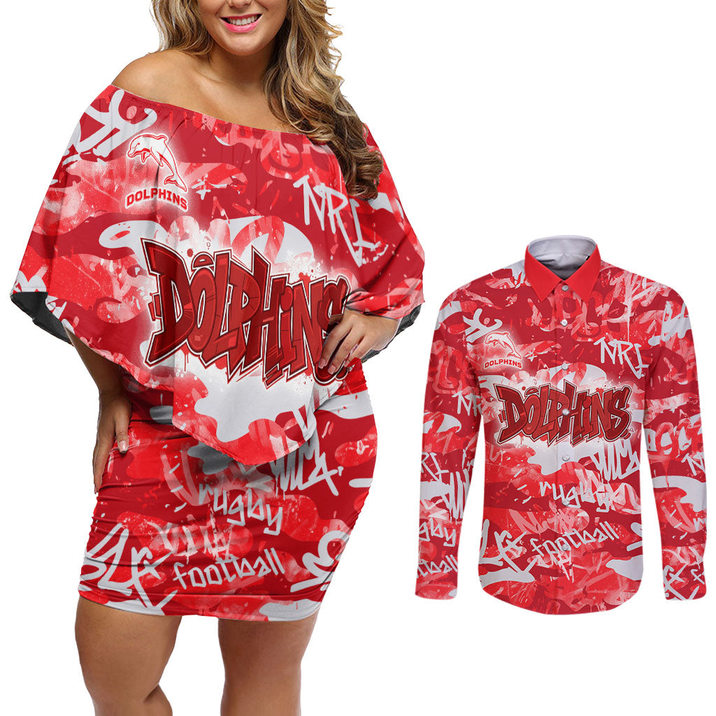 Dolphins Rugby Couples Matching Off Shoulder Short Dress and Long Sleeve Button Shirt Graffiti Typography Urban Camo Abstract Street Style