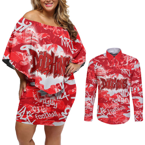 Dolphins Rugby Couples Matching Off Shoulder Short Dress and Long Sleeve Button Shirt Graffiti Typography Urban Camo Abstract Street Style