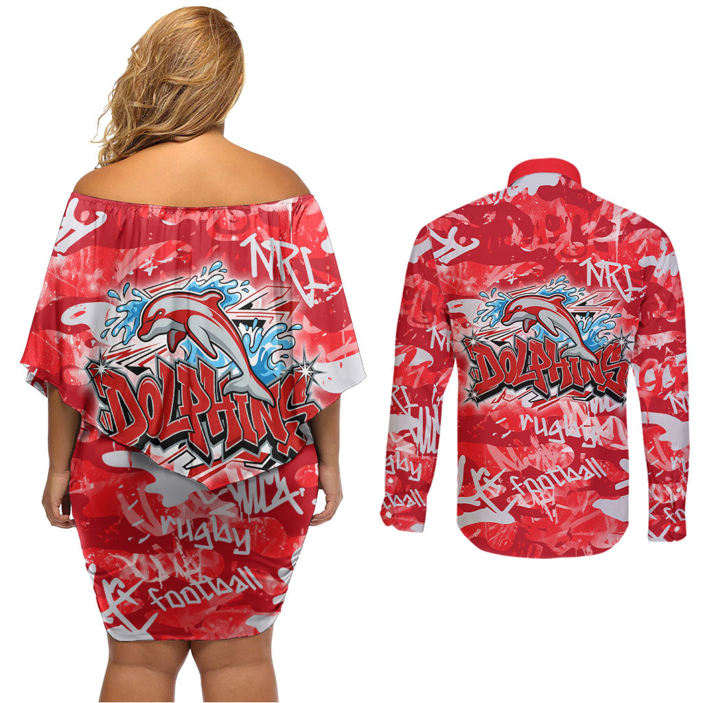 Dolphins Rugby Couples Matching Off Shoulder Short Dress and Long Sleeve Button Shirt Graffiti Typography Urban Camo Abstract Street Style