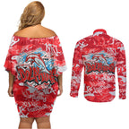 Dolphins Rugby Couples Matching Off Shoulder Short Dress and Long Sleeve Button Shirt Graffiti Typography Urban Camo Abstract Street Style