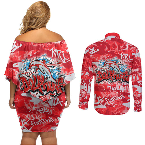 Dolphins Rugby Couples Matching Off Shoulder Short Dress and Long Sleeve Button Shirt Graffiti Typography Urban Camo Abstract Street Style