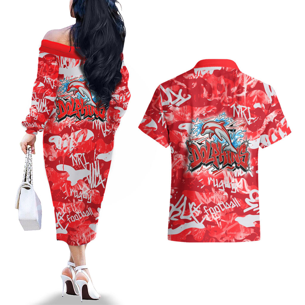 Dolphins Rugby Couples Matching Off The Shoulder Long Sleeve Dress and Hawaiian Shirt Graffiti Typography Urban Camo Abstract Street Style