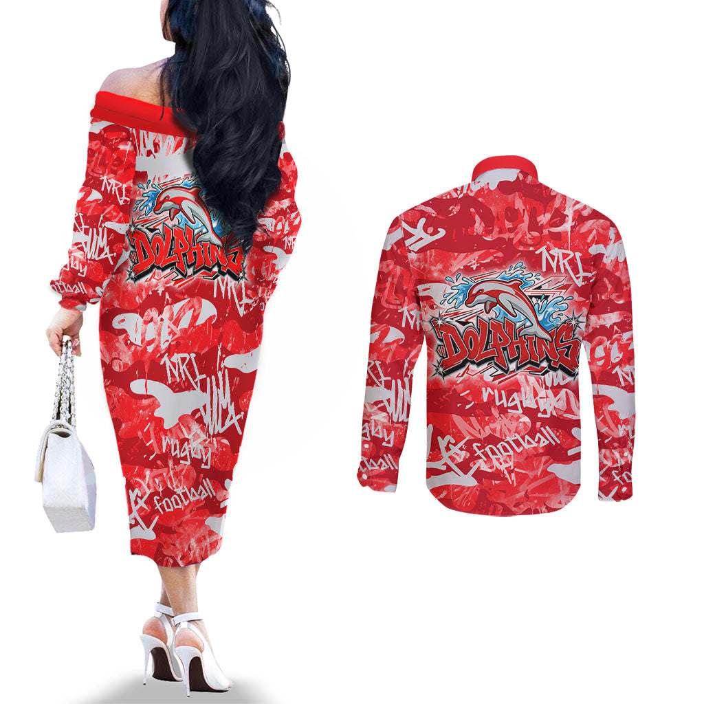 Dolphins Rugby Couples Matching Off The Shoulder Long Sleeve Dress and Long Sleeve Button Shirt Graffiti Typography Urban Camo Abstract Street Style