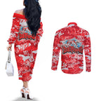 Dolphins Rugby Couples Matching Off The Shoulder Long Sleeve Dress and Long Sleeve Button Shirt Graffiti Typography Urban Camo Abstract Street Style
