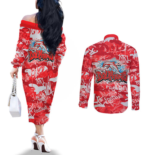 Dolphins Rugby Couples Matching Off The Shoulder Long Sleeve Dress and Long Sleeve Button Shirt Graffiti Typography Urban Camo Abstract Street Style