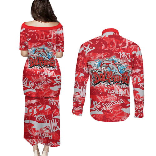 Dolphins Rugby Couples Matching Puletasi and Long Sleeve Button Shirt Graffiti Typography Urban Camo Abstract Street Style