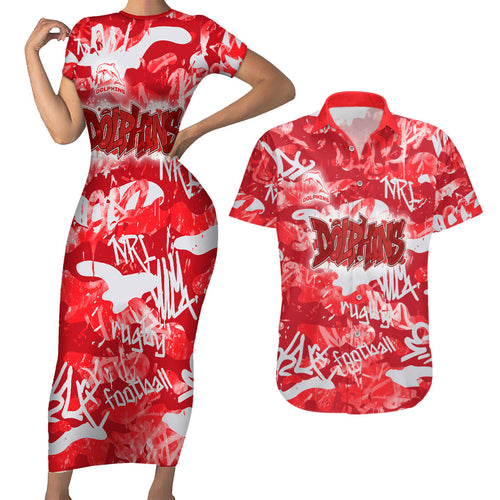 Dolphins Rugby Couples Matching Short Sleeve Bodycon Dress and Hawaiian Shirt Graffiti Typography Urban Camo Abstract Street Style