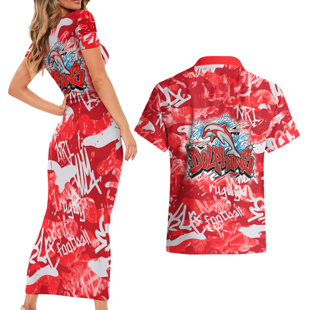 Dolphins Rugby Couples Matching Short Sleeve Bodycon Dress and Hawaiian Shirt Graffiti Typography Urban Camo Abstract Street Style