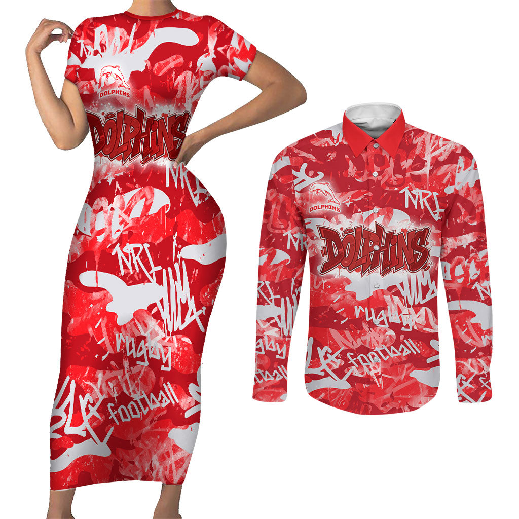 Dolphins Rugby Couples Matching Short Sleeve Bodycon Dress and Long Sleeve Button Shirt Graffiti Typography Urban Camo Abstract Street Style